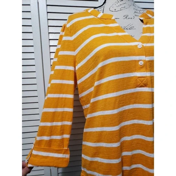 Caribbean Joe Roll Tab Shirt Women's Large Orange Striped V-Neck Long Sleeve Top - Picture 3 of 12
